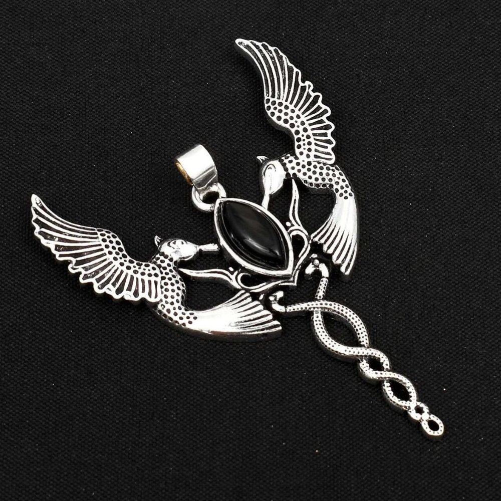 Handmade 925 Sterling Silver Black Onyx Gemstone Caduceus 2.4" Pendant
